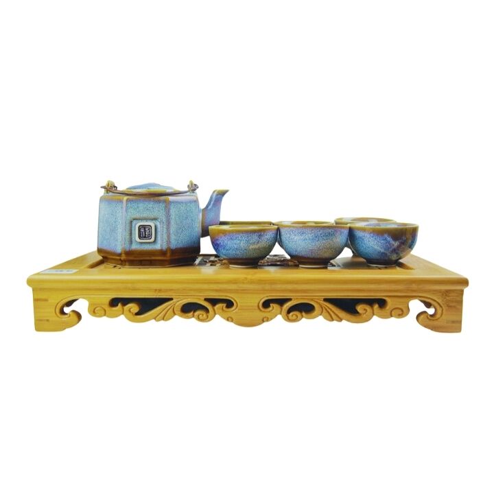 Bộ trà bát giác tím + khay tre